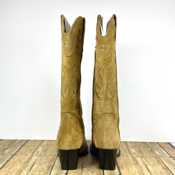 Zara Embroidered Taupe/Tan Suede 15.5” Pull-On Boots, Size 7.5 - Picture 4 of 15